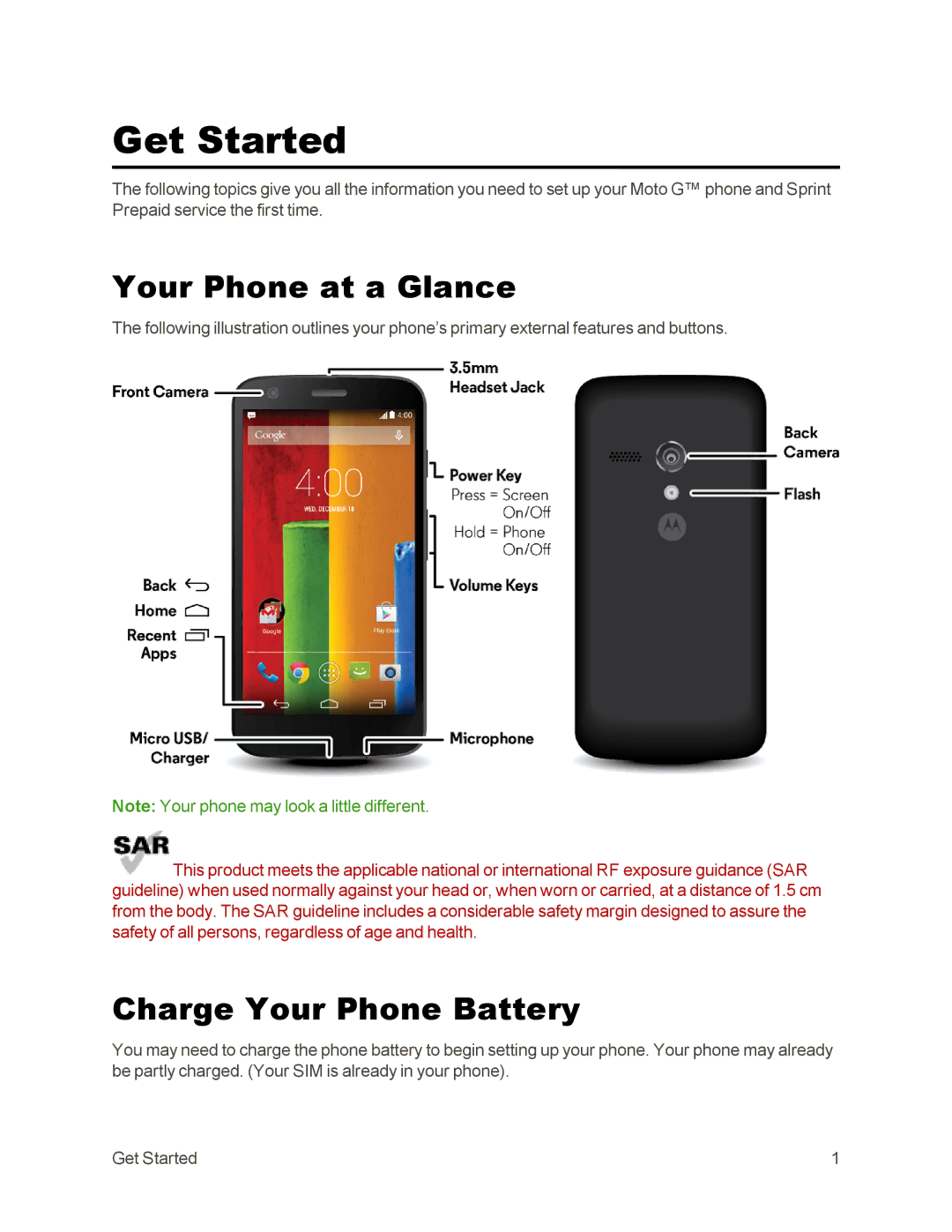 Sprint Nextel 105 manual Get Started, Your Phone at a Glance, Charge Your Phone Battery 