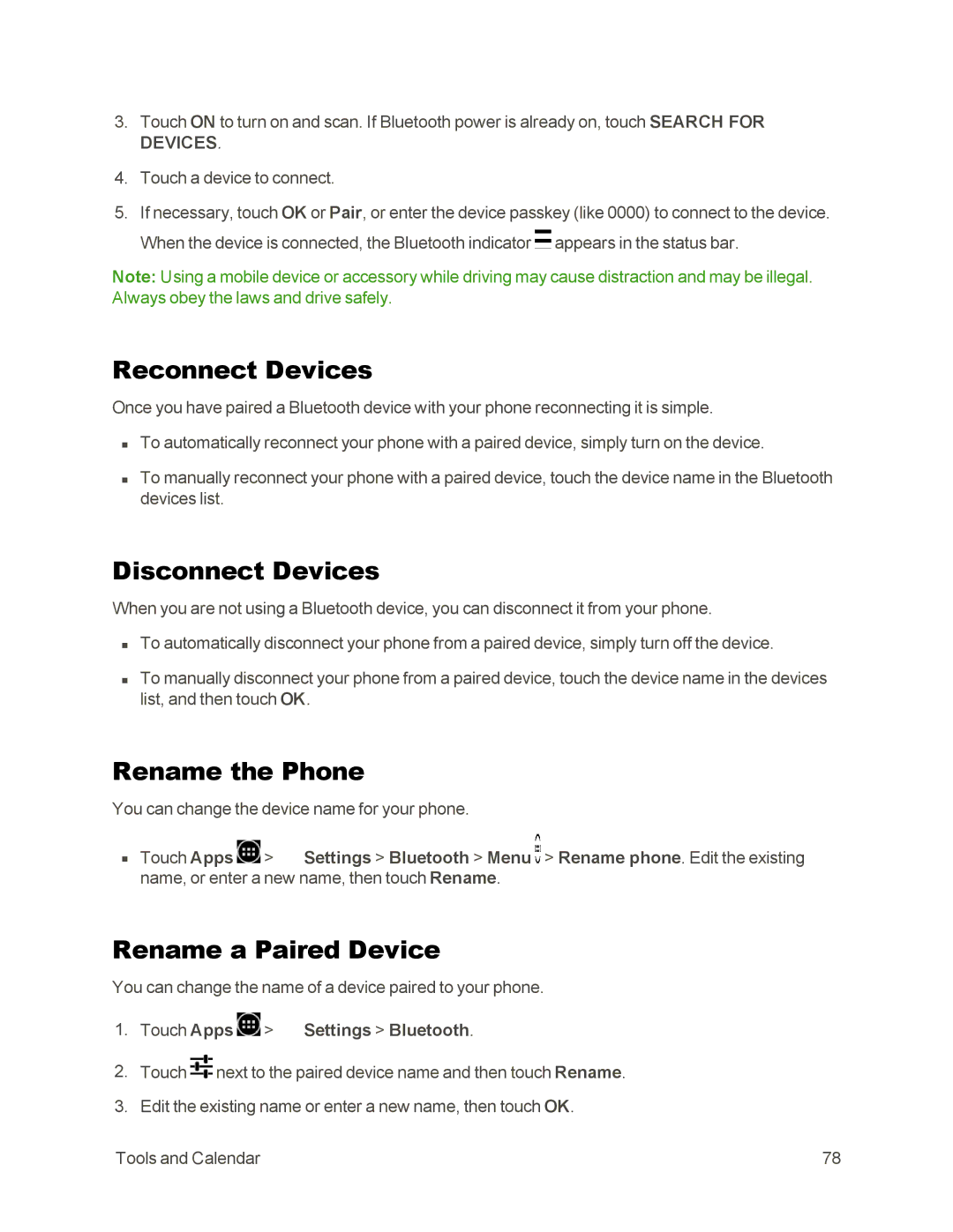 Sprint Nextel 105 manual Reconnect Devices, Disconnect Devices, Rename the Phone, Rename a Paired Device 