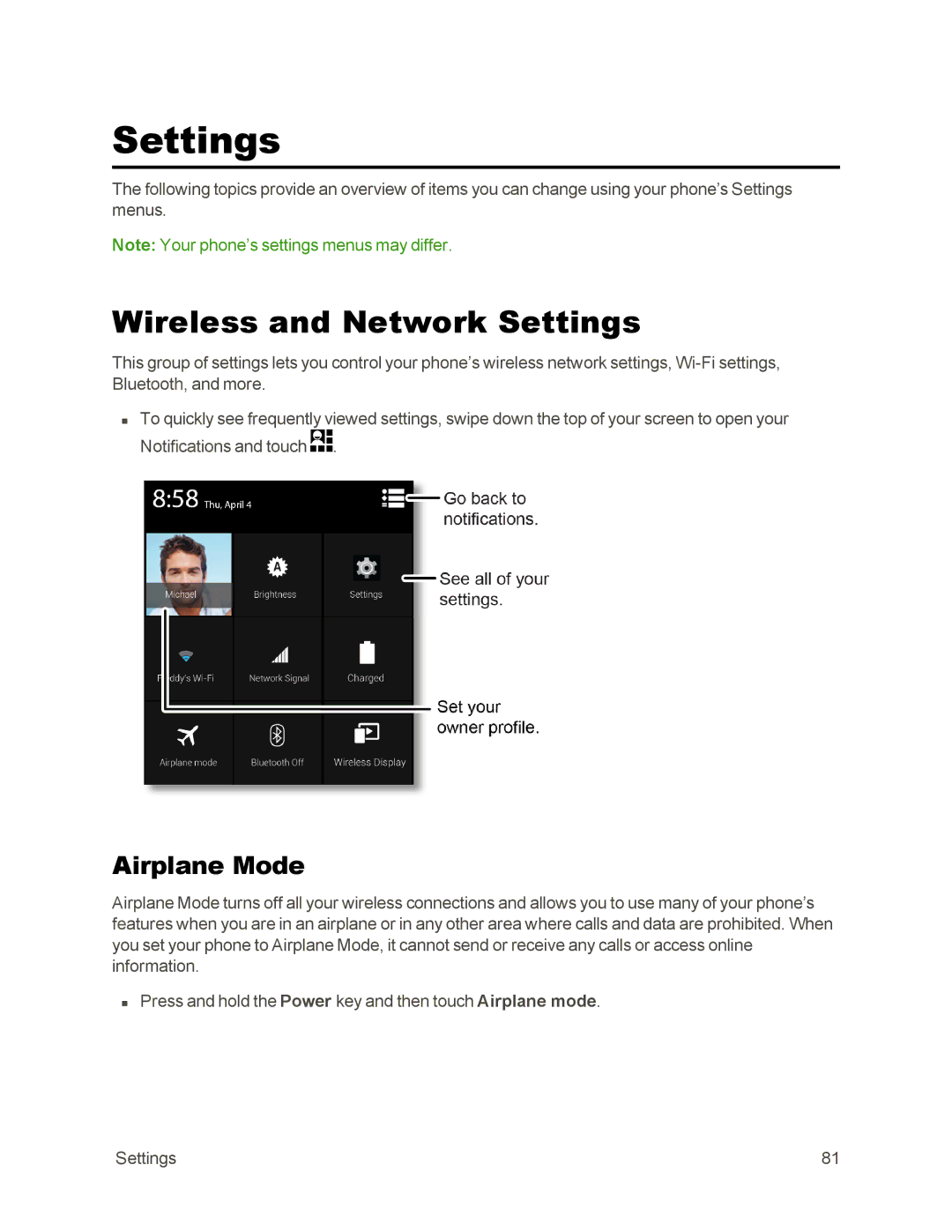 Sprint Nextel 105 manual Wireless and Network Settings, Airplane Mode 