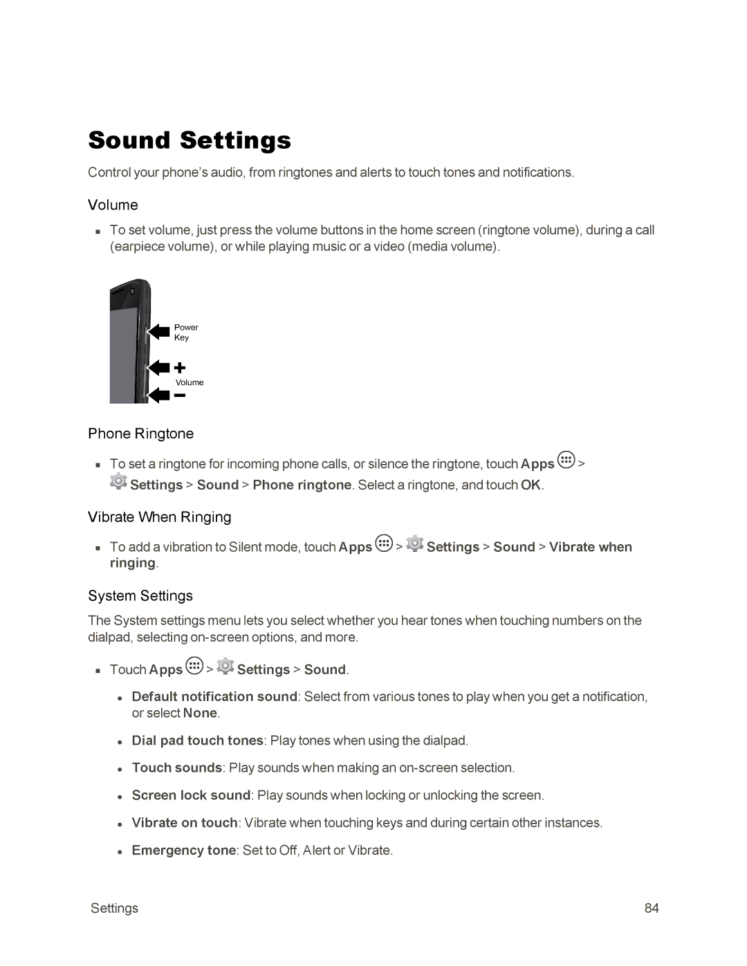 Sprint Nextel 105 manual Sound Settings, Volume, Phone Ringtone, Vibrate When Ringing, System Settings 