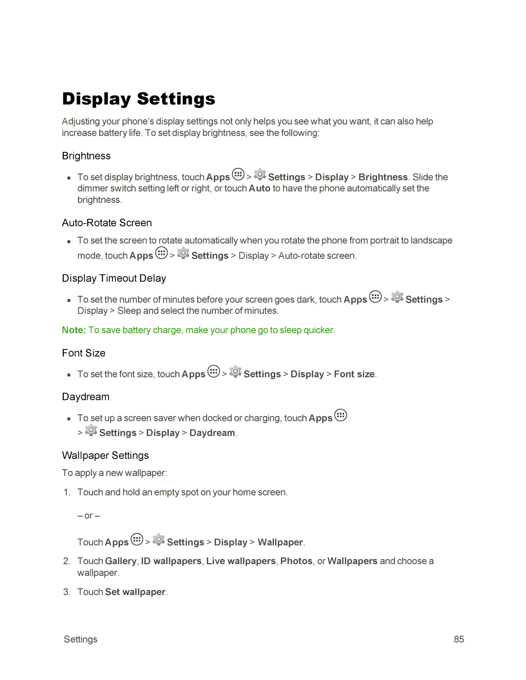 Sprint Nextel 105 manual Display Settings 