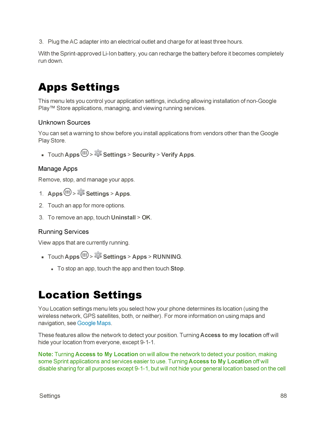 Sprint Nextel 105 manual Apps Settings, Location Settings, Unknown Sources, Manage Apps, Running Services 