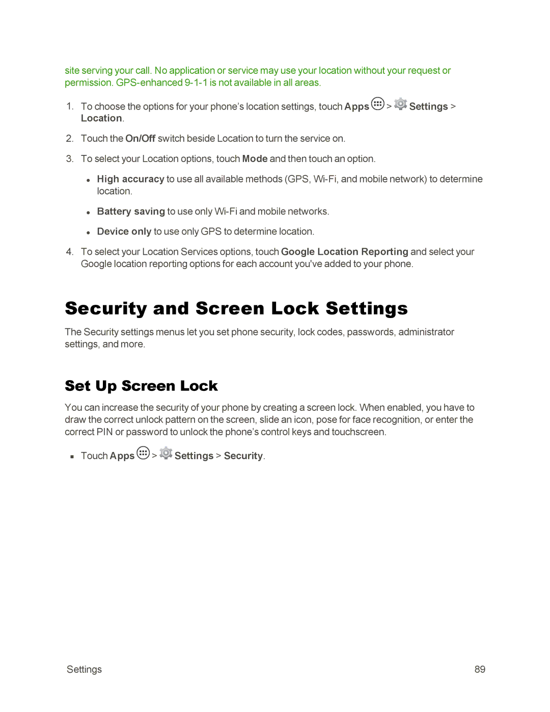 Sprint Nextel 105 manual Security and Screen Lock Settings, Set Up Screen Lock, Touch Apps Settings Security 