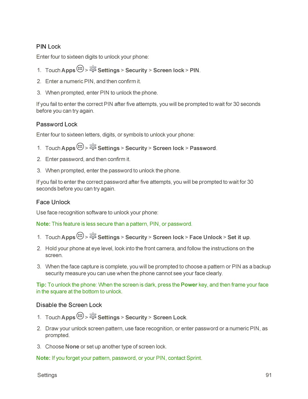Sprint Nextel 105 manual PIN Lock, Password Lock, Face Unlock, Disable the Screen Lock 