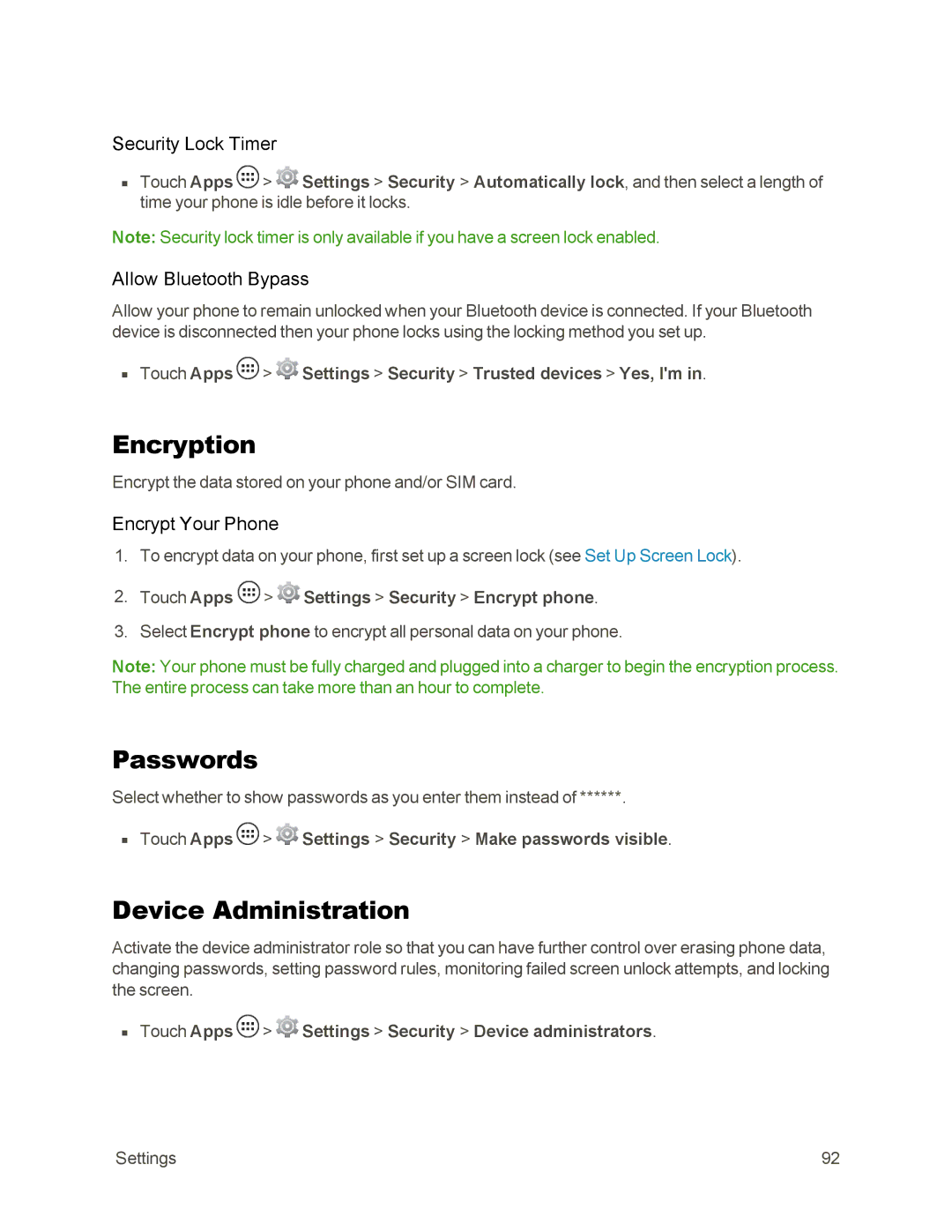 Sprint Nextel 105 manual Encryption, Passwords, Device Administration 