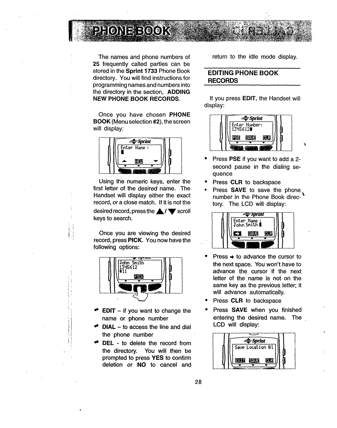 Sprint Nextel 1733 manual Editing Phone Book Records, NEW Phone Book Records 
