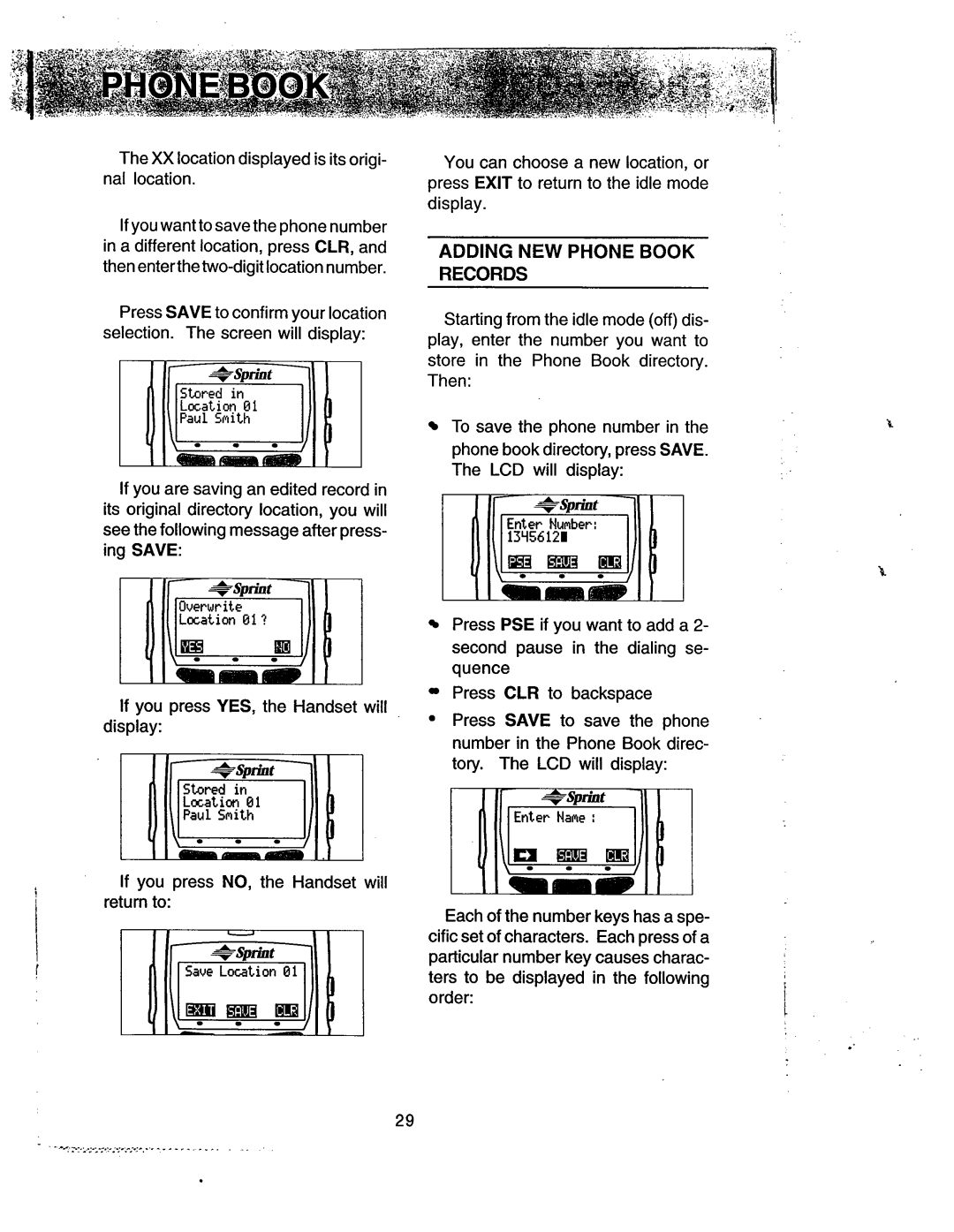 Sprint Nextel 1733 manual Adding NEW Phone Book Records, XX location displayedis itsorigi- nal location 