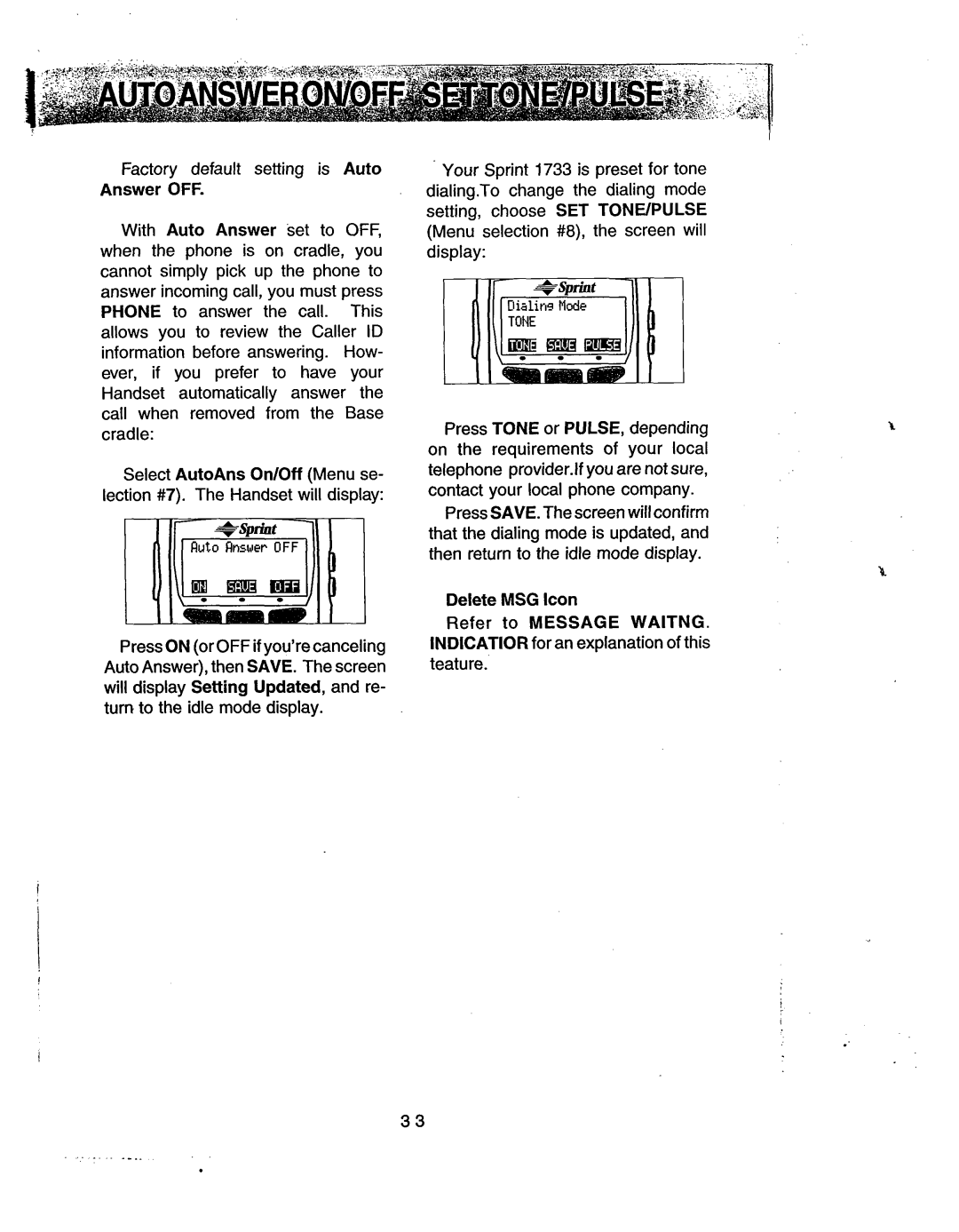 Sprint Nextel 1733 manual Answer OFF, Delete MSG Icon 
