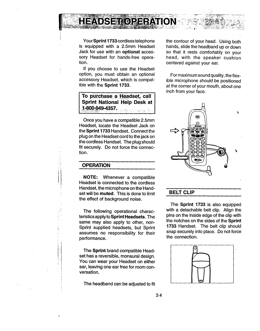 Sprint Nextel 1733 manual To purchase a Headset, call Sprint National Help Desk at, Operation, Belt Clip 