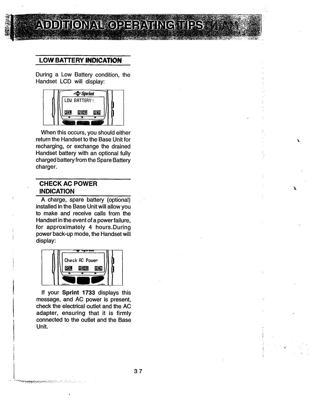 Sprint Nextel 1733 manual Check AC Power Indication, LOW Battery Indication 