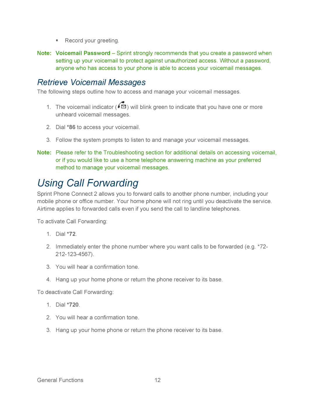 Sprint Nextel 2 manual Using Call Forwarding, Retrieve Voicemail Messages 