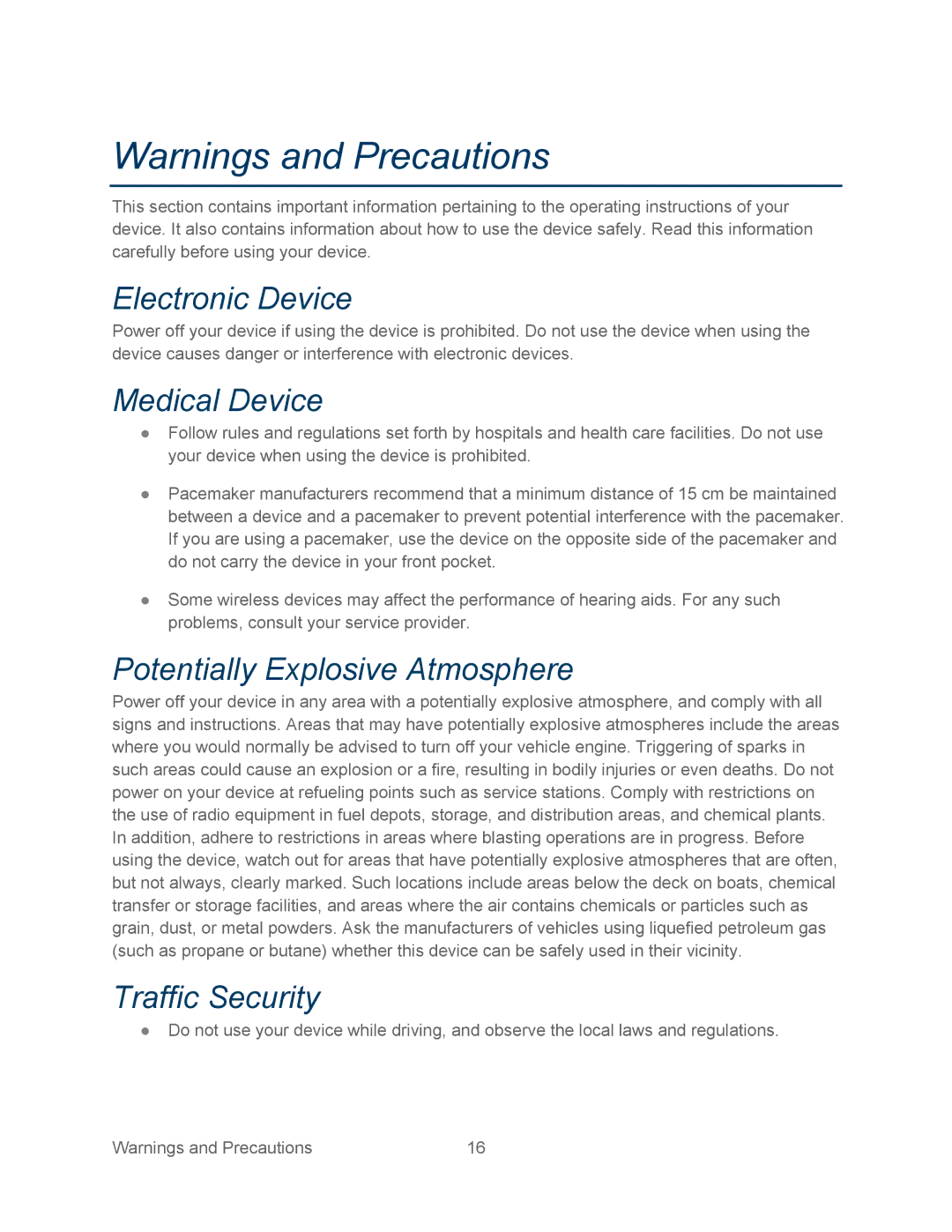 Sprint Nextel 2 manual Electronic Device, Medical Device, Potentially Explosive Atmosphere, Traffic Security 