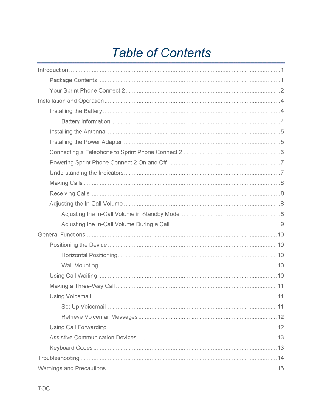 Sprint Nextel 2 manual Table of Contents 