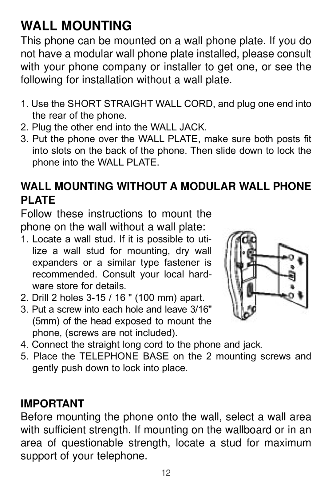 Sprint Nextel 2012J operating instructions Wall Mounting Without a Modular Wall Phone Plate 