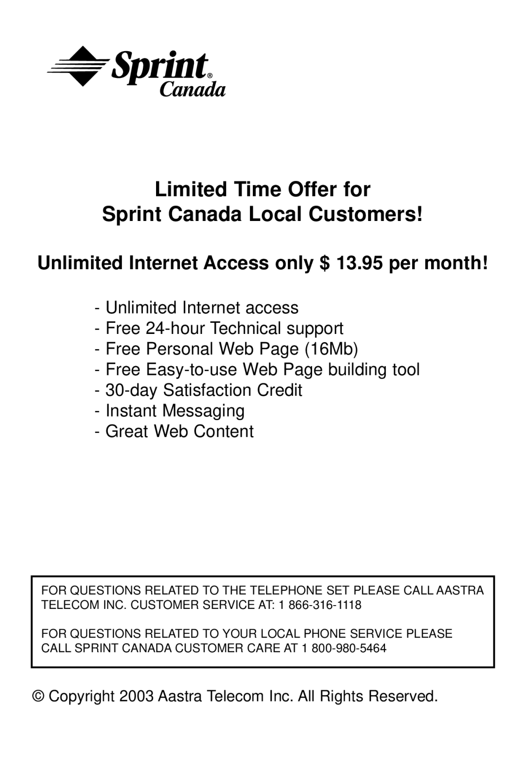 Sprint Nextel 2012J operating instructions Limited Time Offer for Sprint Canada Local Customers 