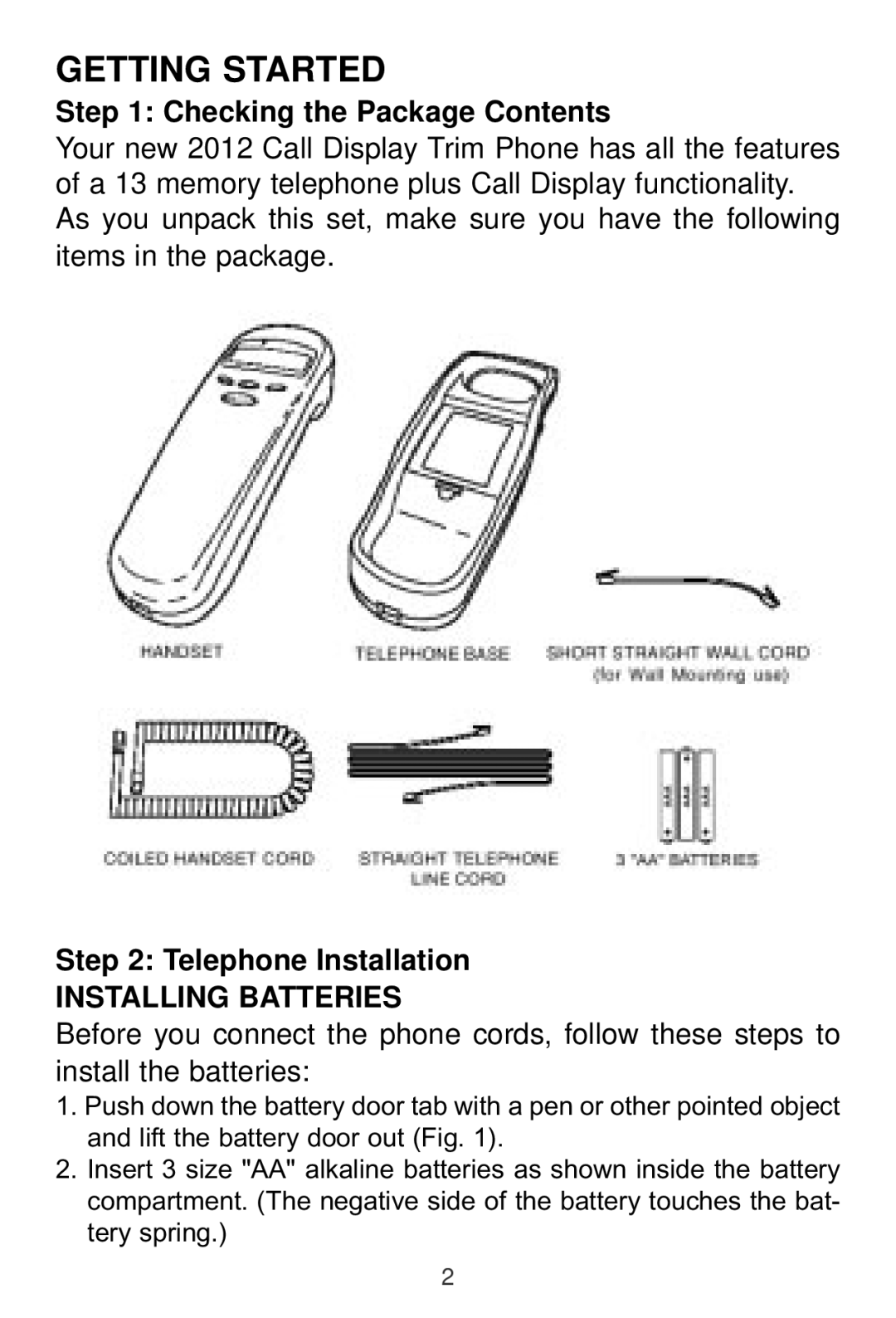 Sprint Nextel 2012J Getting Started, Checking the Package Contents, Telephone Installation, Installing Batteries 