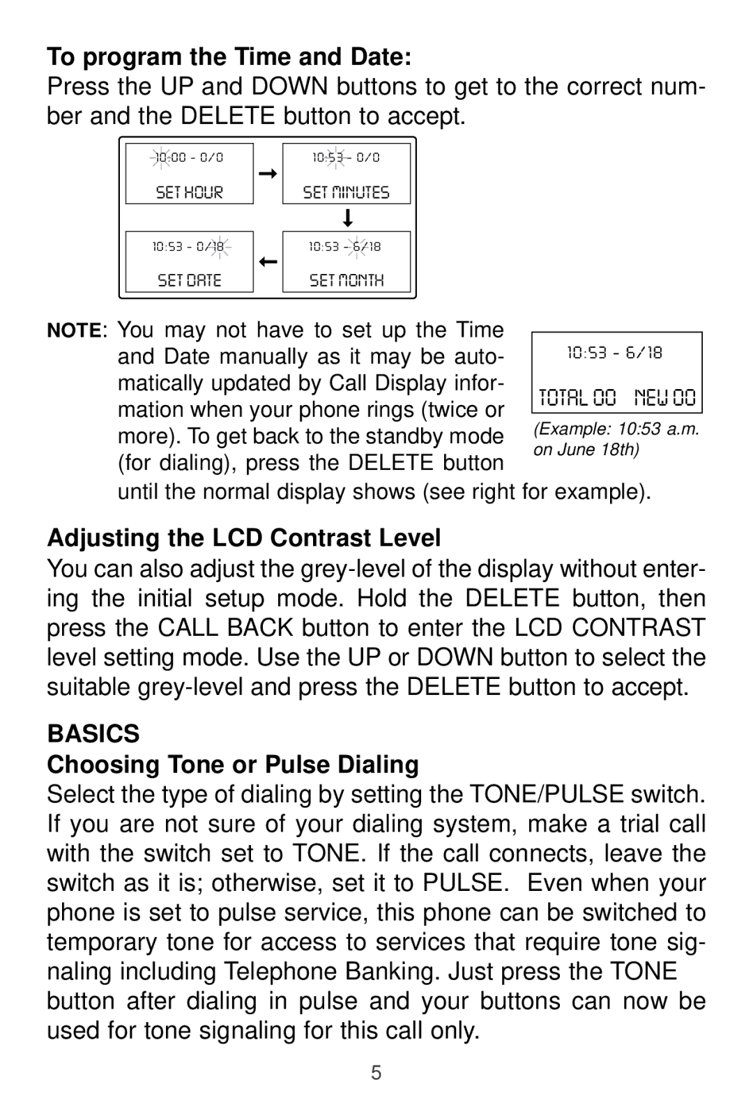 Sprint Nextel 2012J To program the Time and Date, Adjusting the LCD Contrast Level, Basics, Choosing Tone or Pulse Dialing 