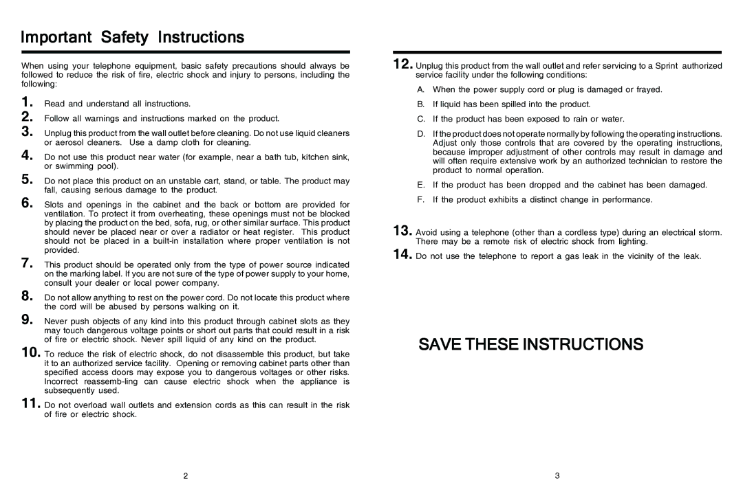 Sprint Nextel 2422 manual Important Safety Instructions 