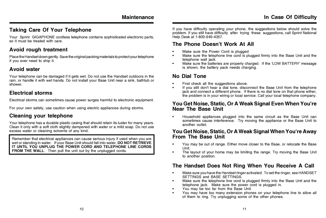 Sprint Nextel 2422 manual Maintenance Taking Care Of Your Telephone, Avoid rough treatment, Avoid water, Electrical storms 