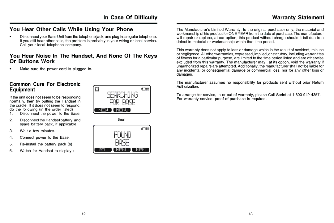 Sprint Nextel 2422 manual Warranty Statement, Common Cure For Electronic Equipment 