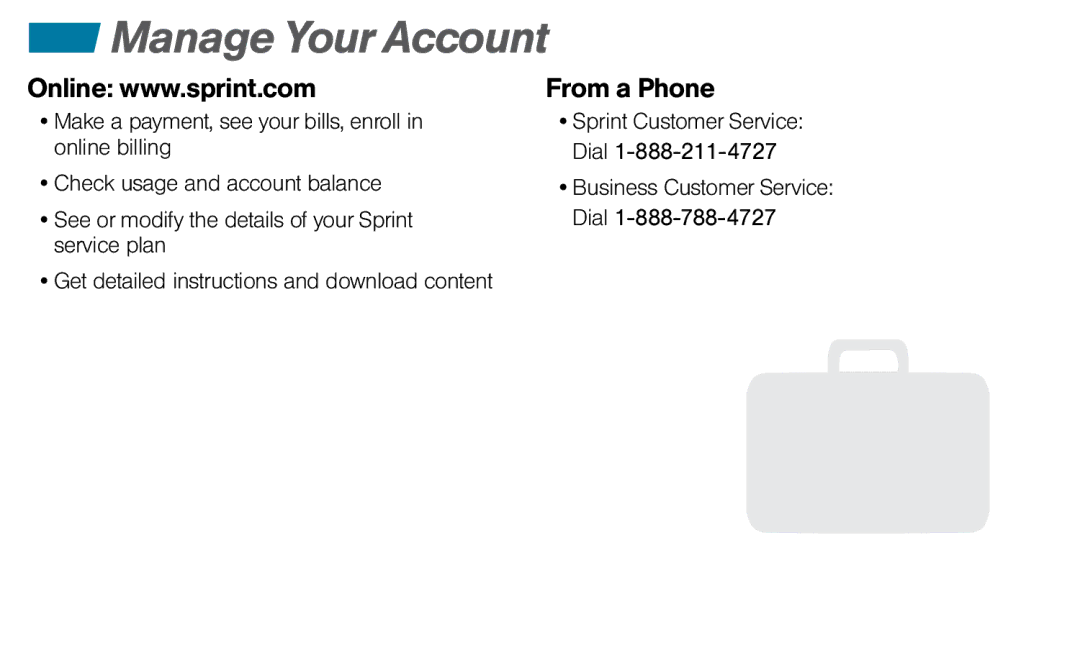 Sprint Nextel 341U manual Manage Your Account, From a Phone 