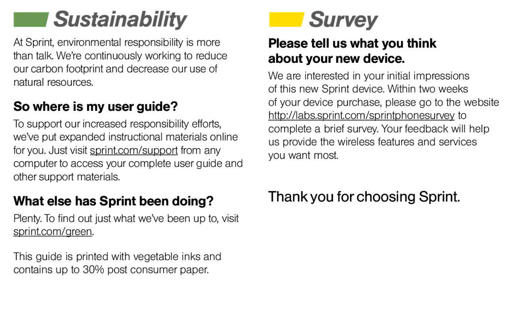 Sprint Nextel 341U manual Sustainability, Survey, So where is my user guide? What else has Sprint been doing? 