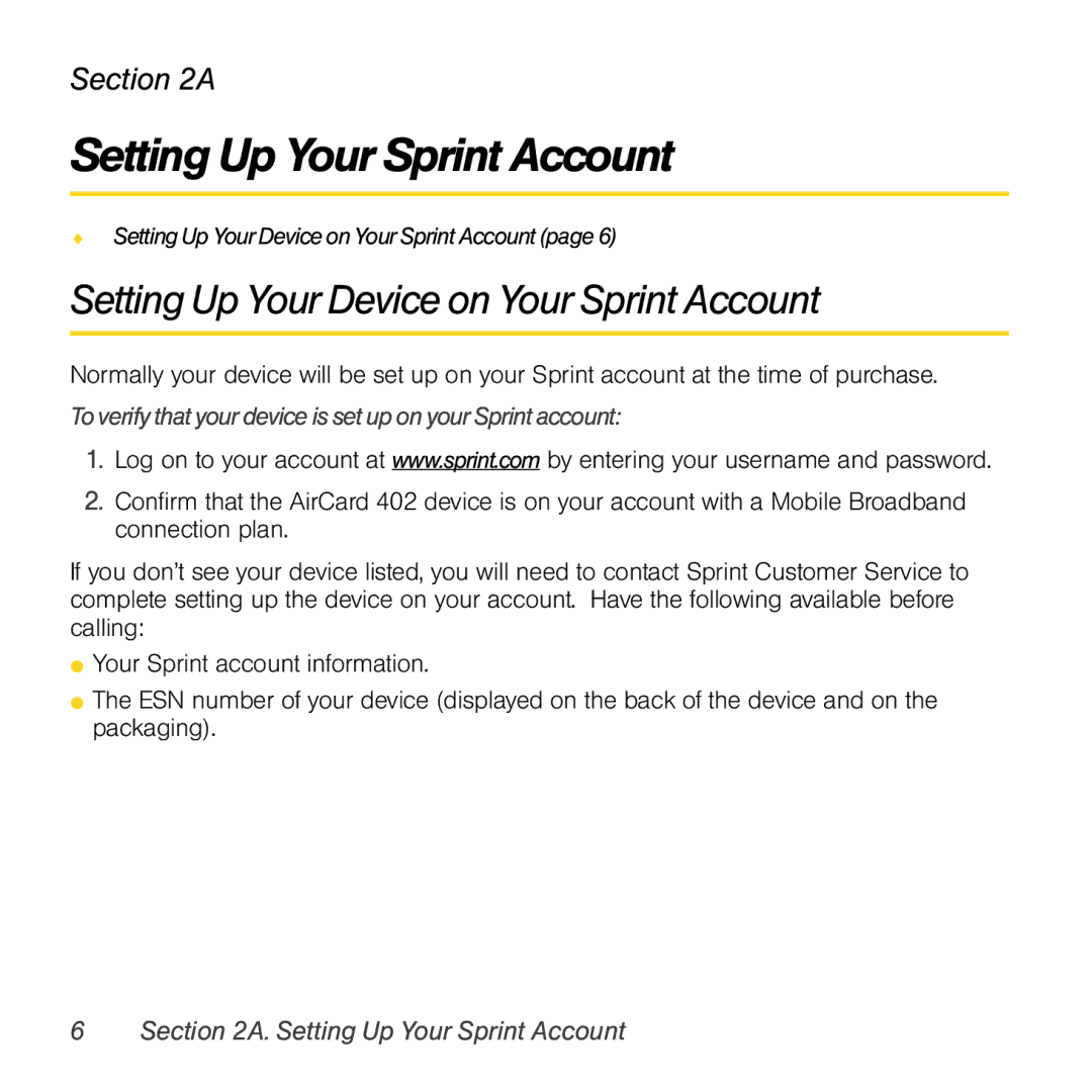 Sprint Nextel 402 manual Setting Up Your Sprint Account, Setting Up Your Device on Your Sprint Account 