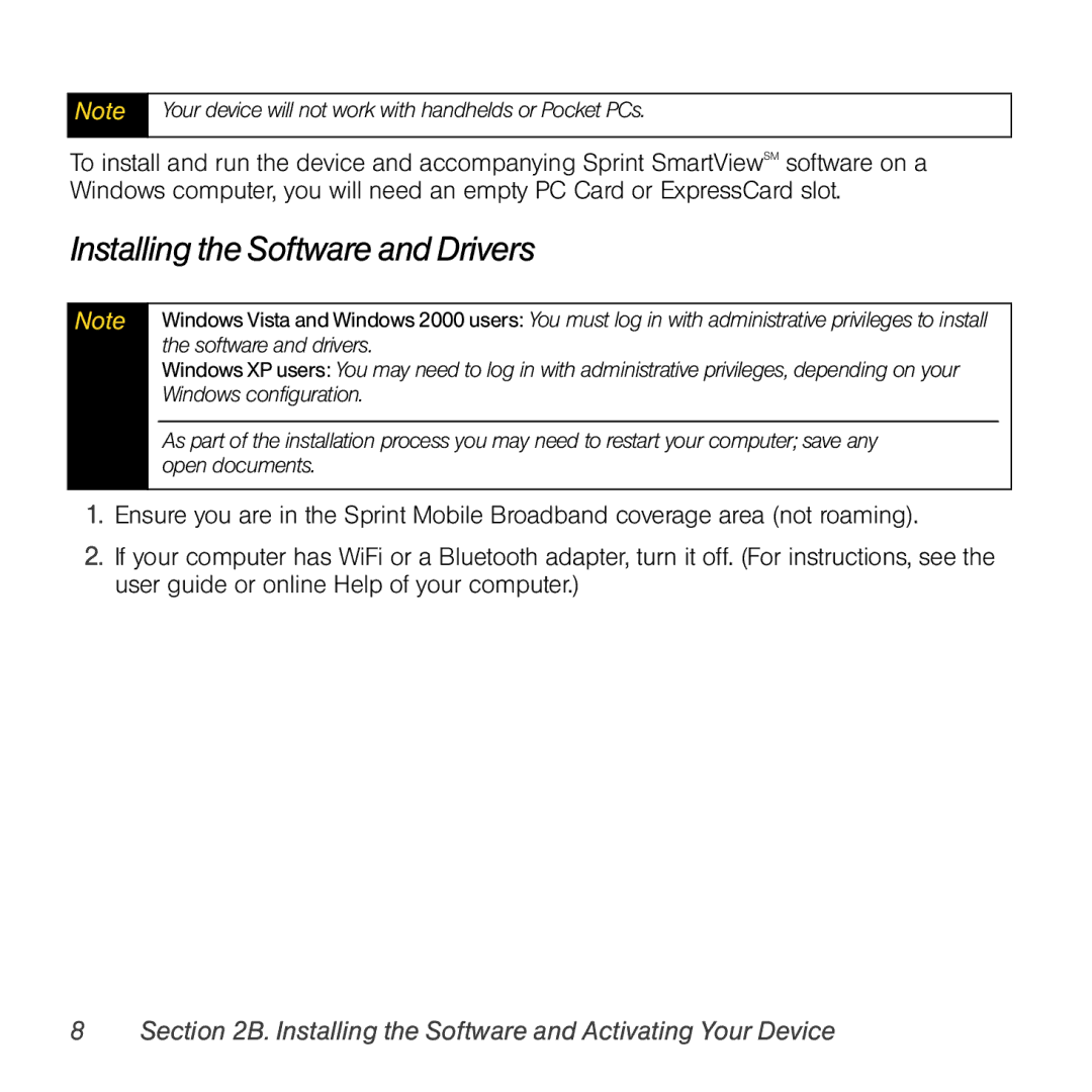 Sprint Nextel 402 manual Installing the Software and Drivers 