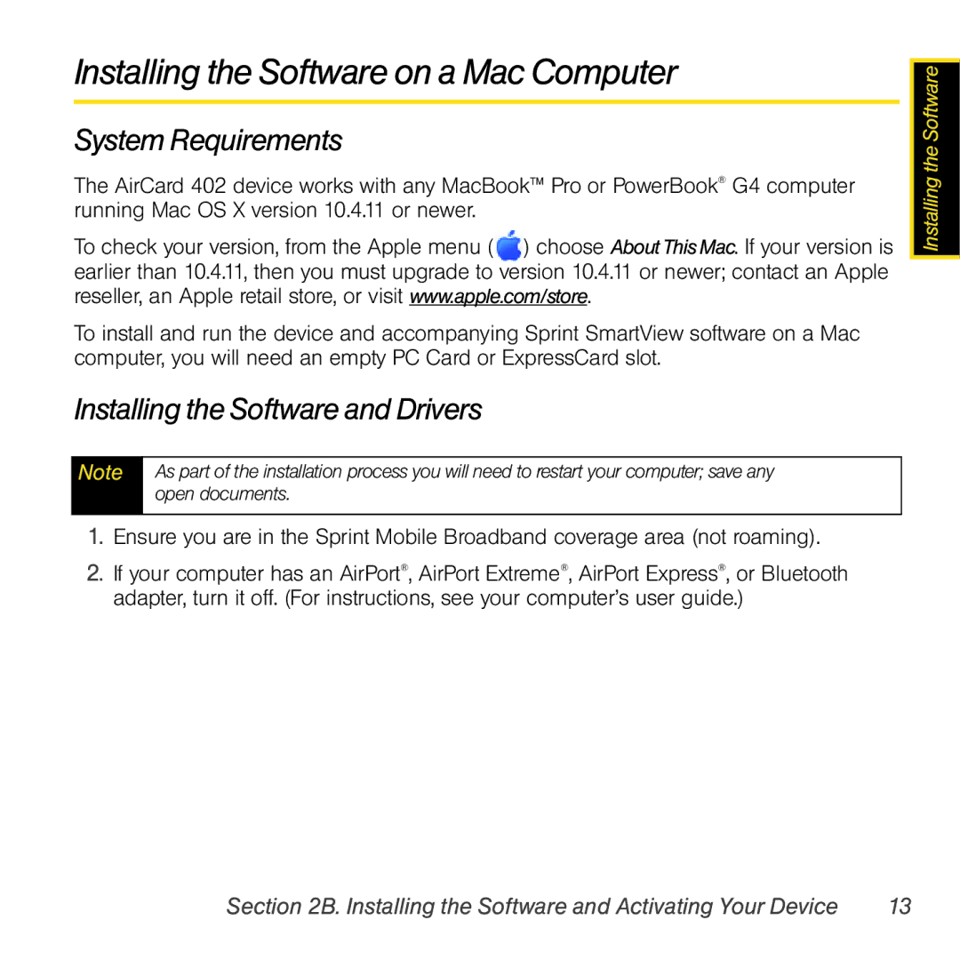 Sprint Nextel 402 manual Installing the Software on a Mac Computer 