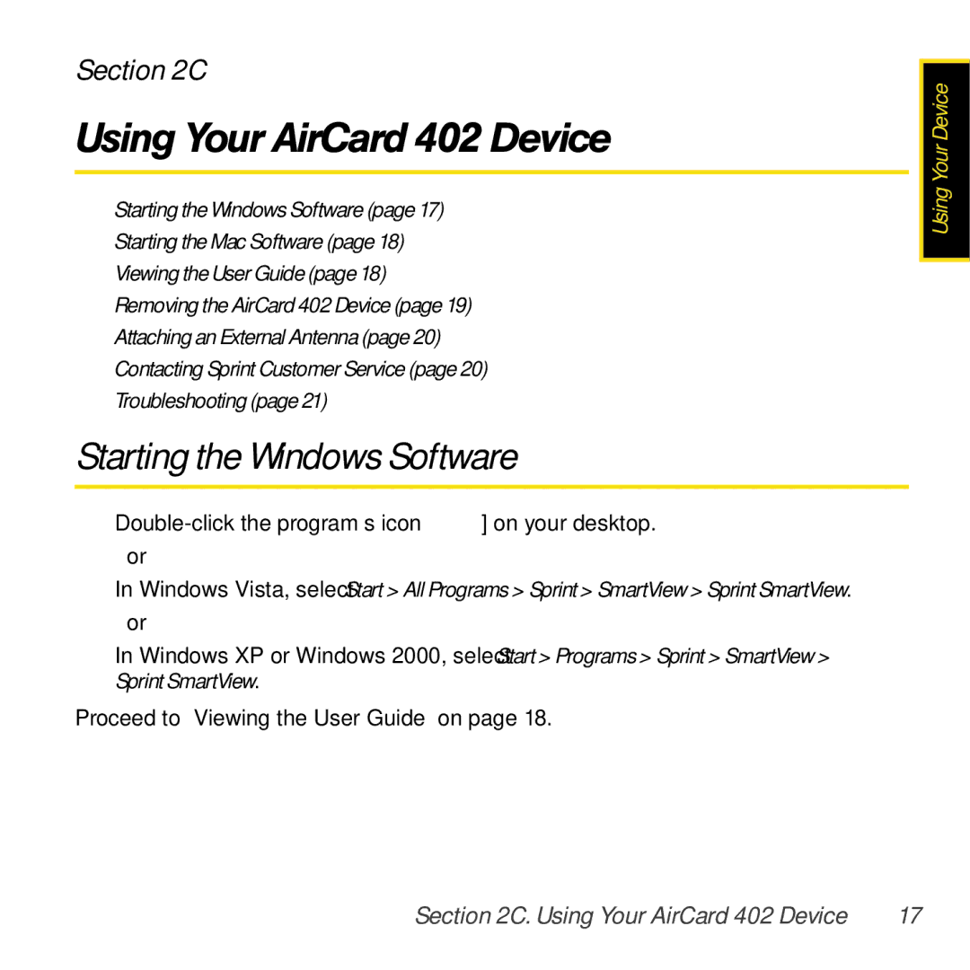 Sprint Nextel manual Using Your AirCard 402 Device, Starting the Windows Software 