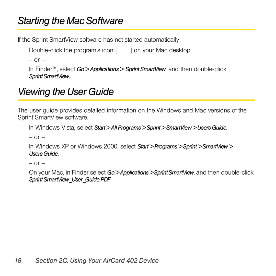 Sprint Nextel 402 manual Starting the Mac Software, Viewing the User Guide 