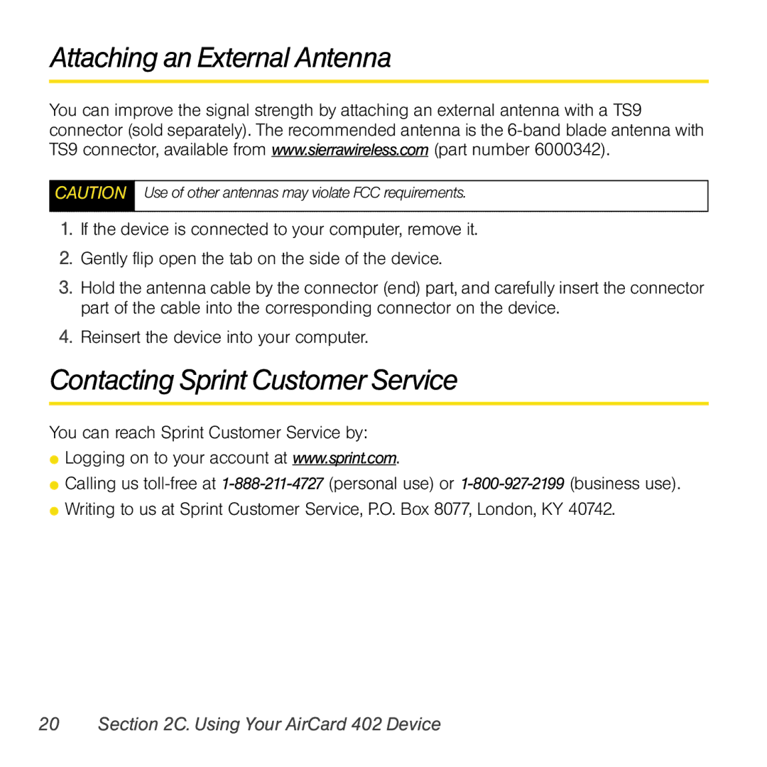 Sprint Nextel 402 manual Attaching an External Antenna, Contacting Sprint Customer Service 