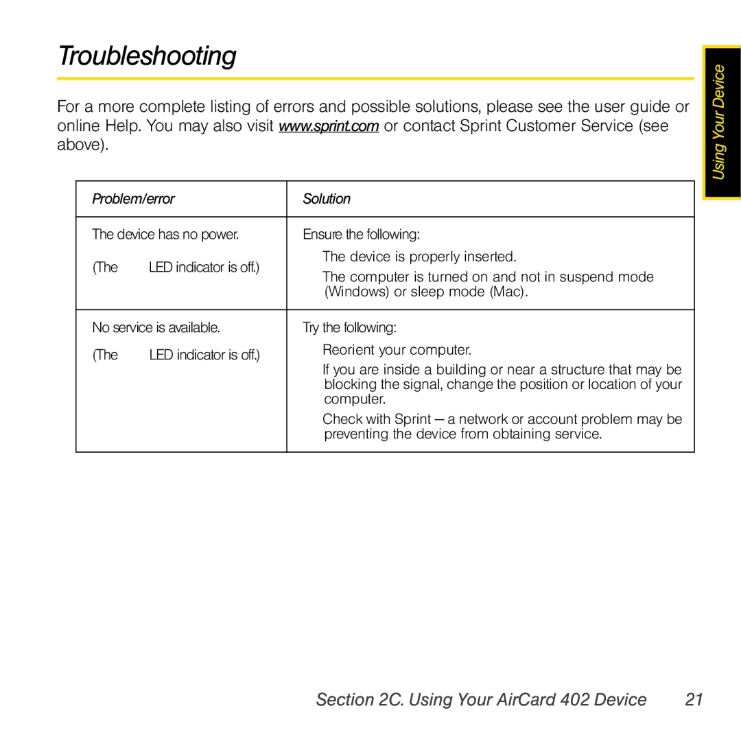 Sprint Nextel 402 manual Troubleshooting, Reorient your computer 