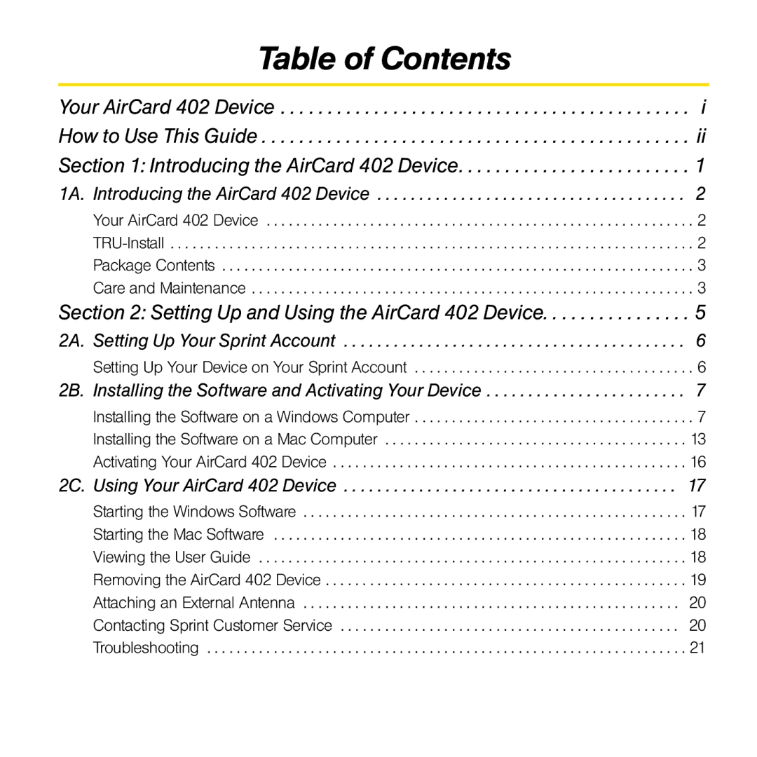 Sprint Nextel 402 manual Table of Contents 