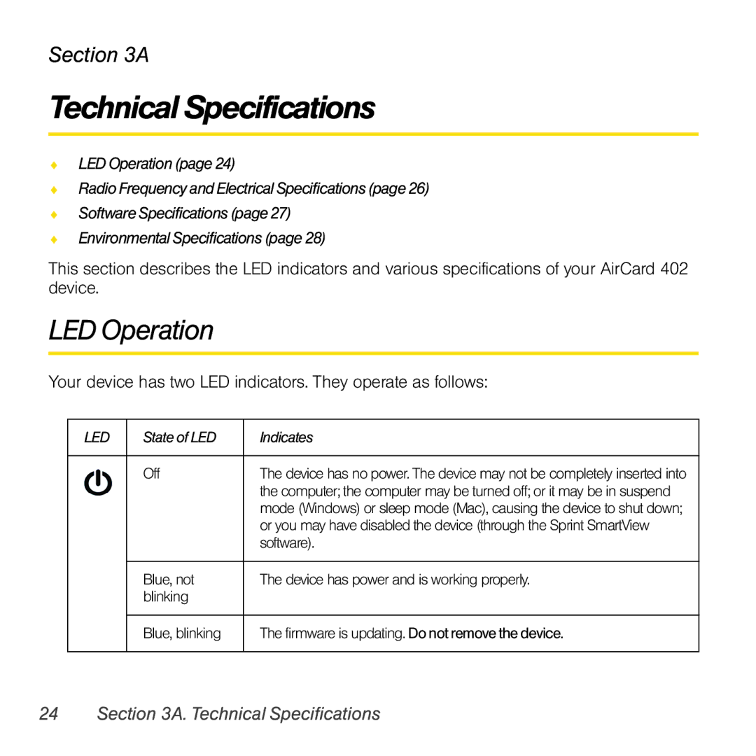 Sprint Nextel 402 manual Technical Specifications, LED Operation 