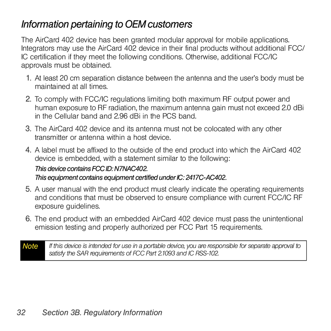 Sprint Nextel 402 manual Information pertaining to OEM customers 