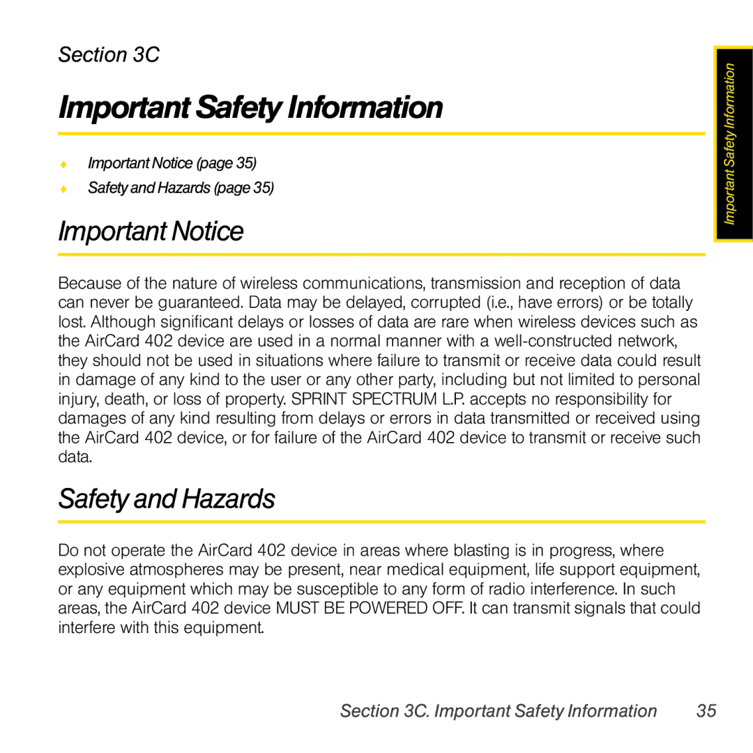 Sprint Nextel 402 manual Important Safety Information, Important Notice, Safety and Hazards 