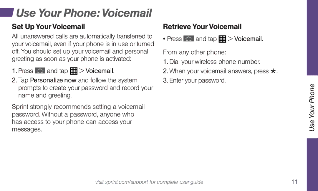 Sprint Nextel 4G LTE manual Use Your Phone Voicemail, Set Up Your Voicemail, Retrieve Your Voicemail 