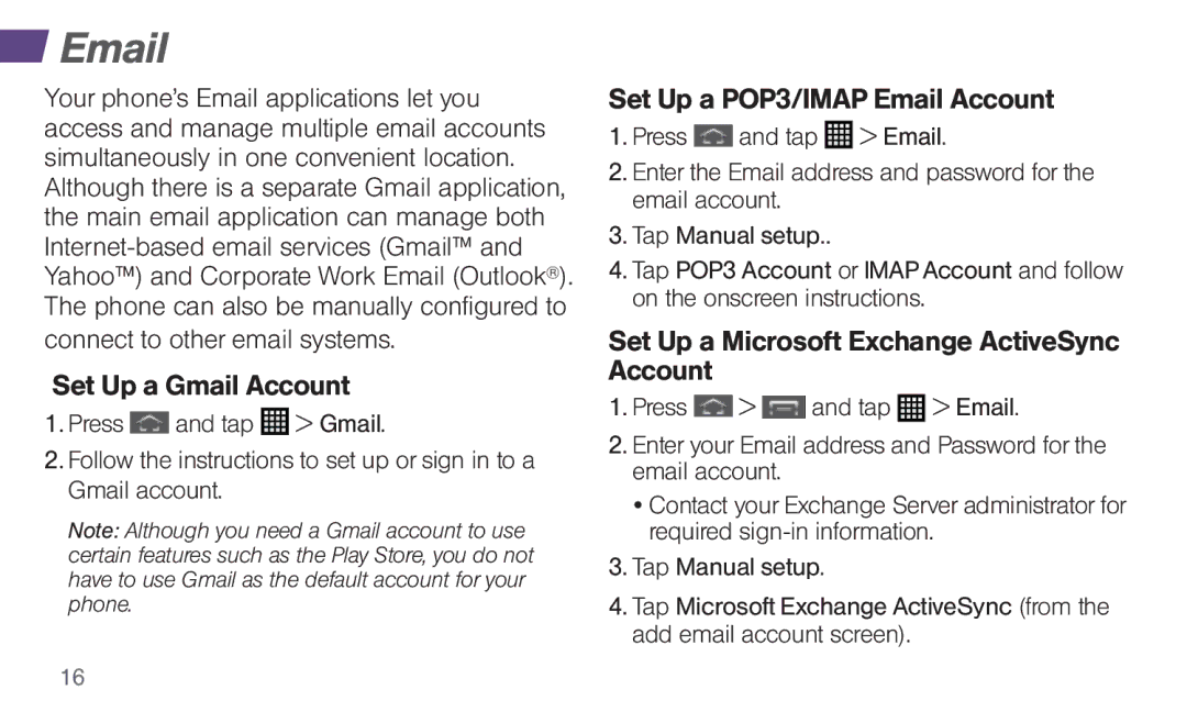 Sprint Nextel 4G LTE manual Connect to other email systems Set Up a Gmail Account, Set Up a POP3/IMAP Email Account 