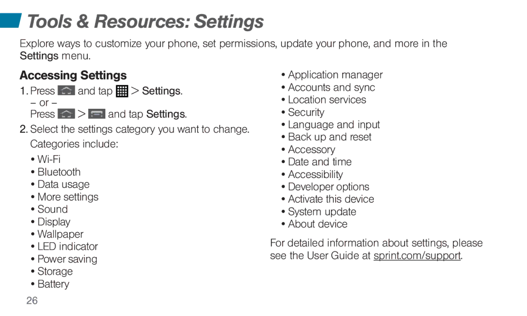 Sprint Nextel 4G LTE manual Tools & Resources Settings, Accessing Settings 