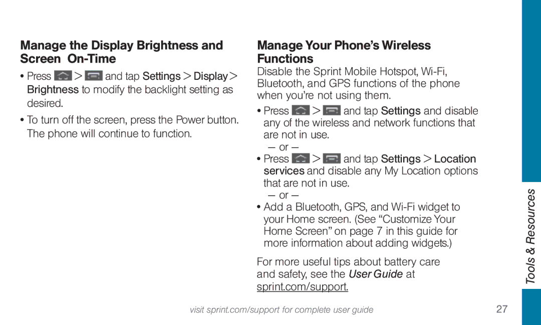 Sprint Nextel 4G LTE manual Manage the Display Brightness and Screen On-Time, Manage Your Phone’s Wireless Functions 