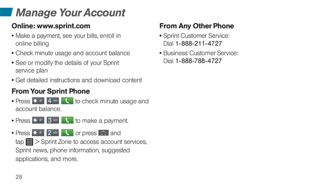 Sprint Nextel 4G LTE manual Manage Your Account, From Any Other Phone, From Your Sprint Phone 