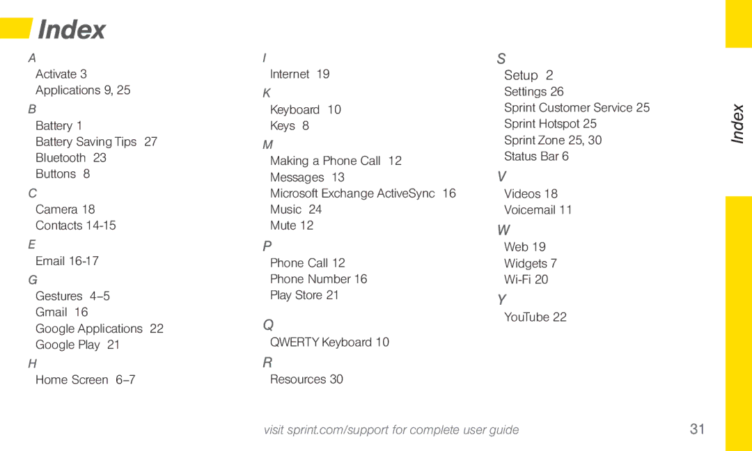 Sprint Nextel 4G LTE manual Index, Setup 