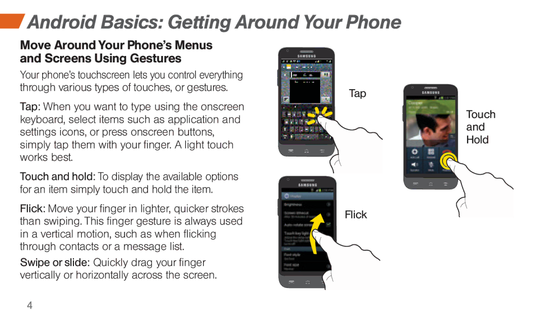 Sprint Nextel 4G LTE manual Android Basics Getting Around Your Phone, Move Around Your Phone’s Menus Screens Using Gestures 