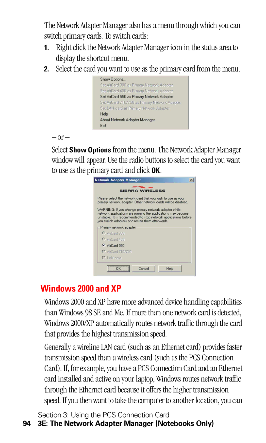 Sprint Nextel 550 manual Windows 2000 and XP, 94 3E The Network Adapter Manager Notebooks Only 