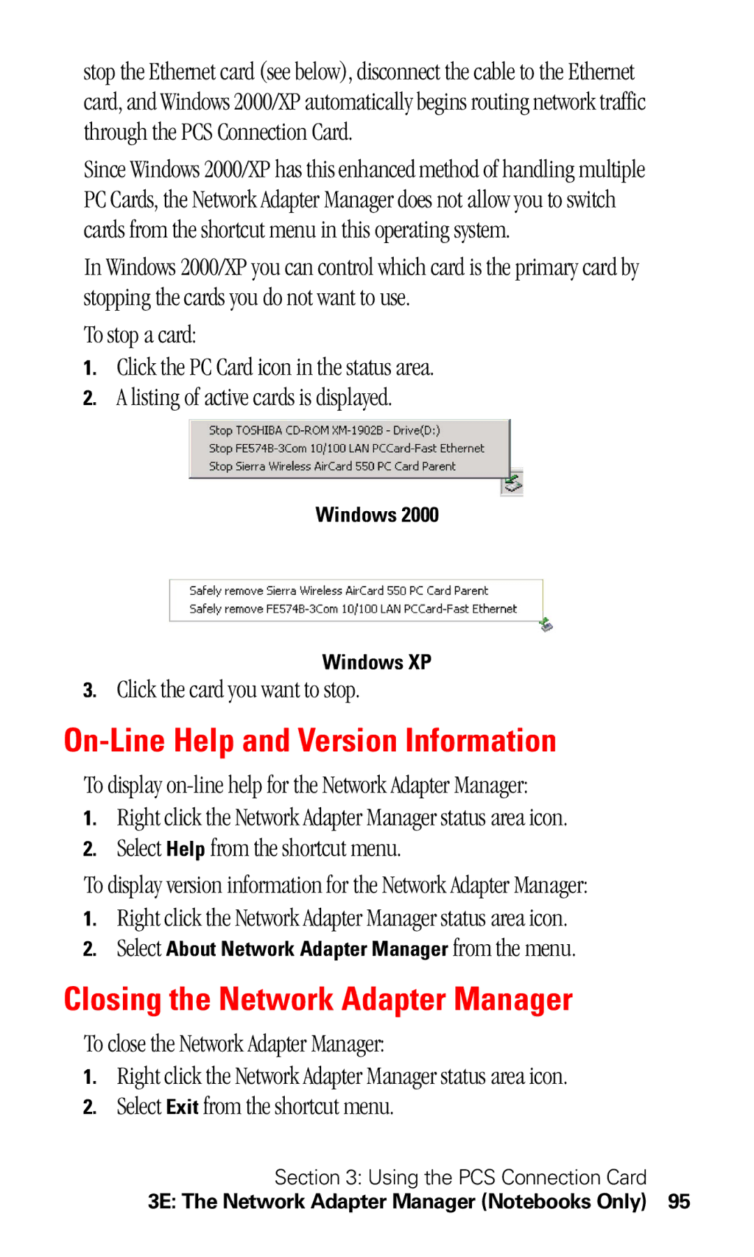 Sprint Nextel 550 manual On-Line Help and Version Information, Closing the Network Adapter Manager, Windows Windows XP 