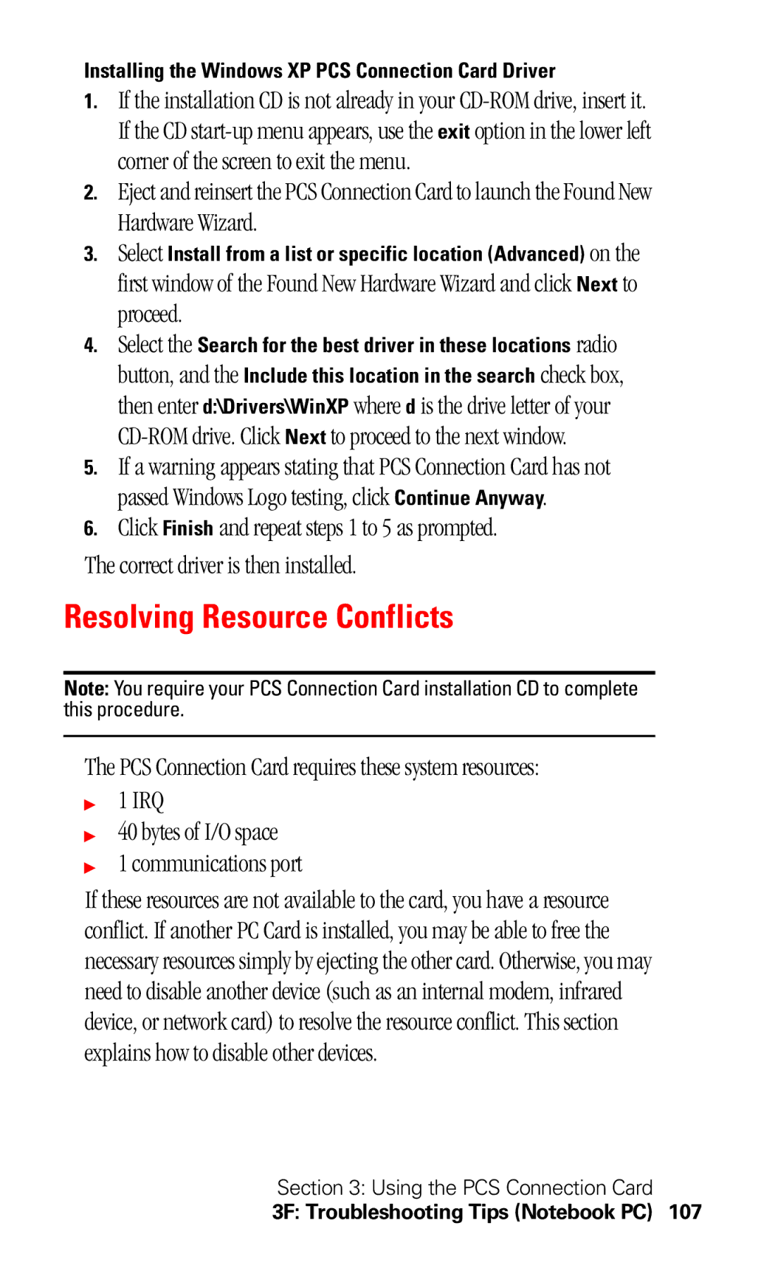 Sprint Nextel 550 manual Resolving Resource Conflicts, Installing the Windows XP PCS Connection Card Driver 