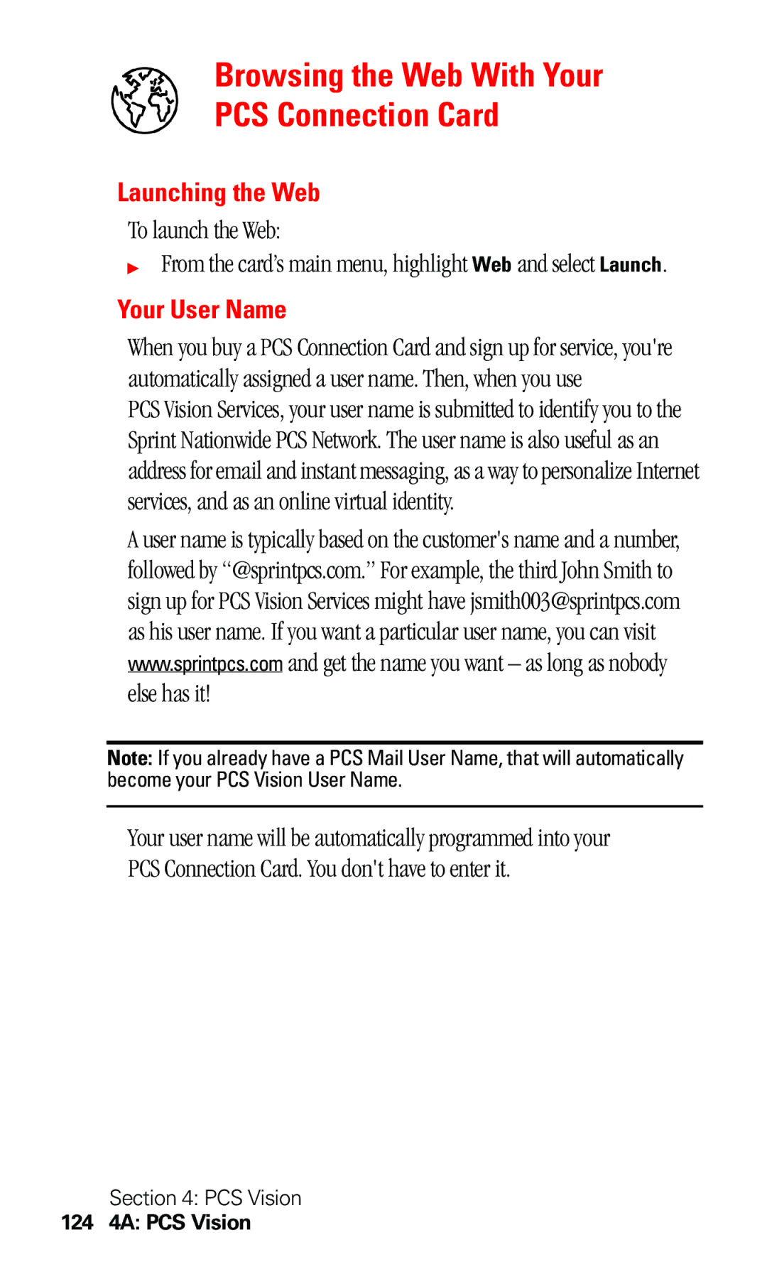 Sprint Nextel 550 Browsing the Web With Your PCS Connection Card, Launching the Web, To launch the Web, Your User Name 