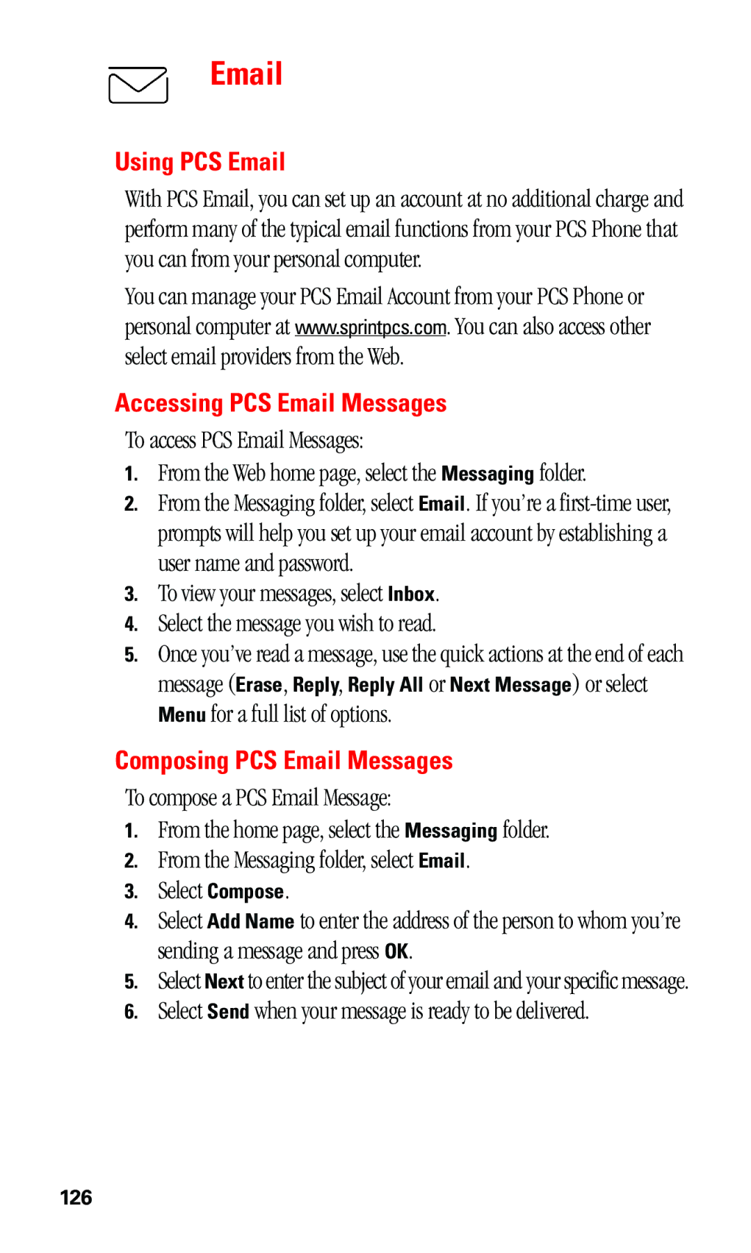 Sprint Nextel 550 manual Using PCS Email, Accessing PCS Email Messages, Menu for a full list of options 