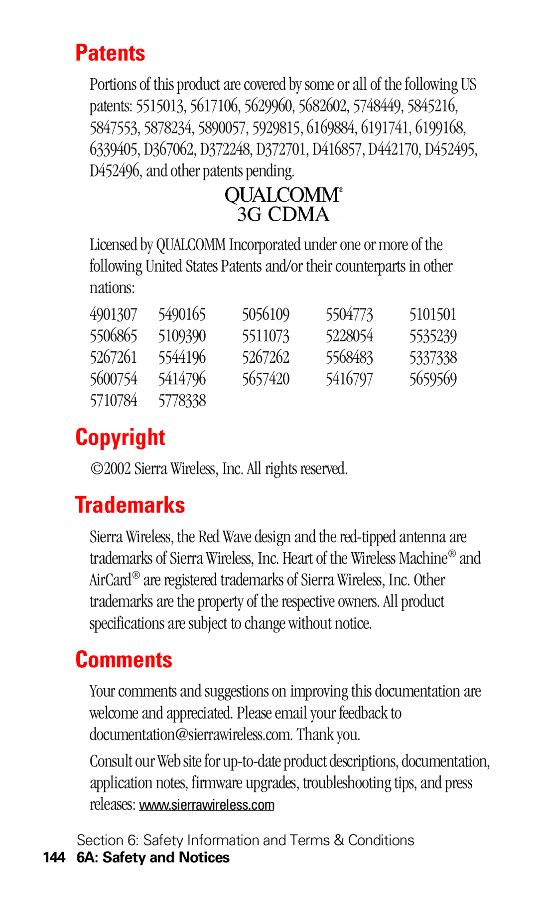 Sprint Nextel 550 manual Patents, Copyright, Trademarks, Comments 